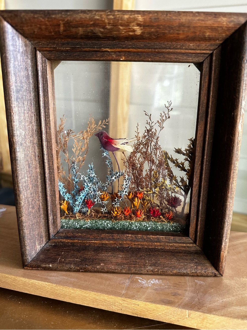 Framed Miniature Shadow Box with Colorful Bird and Dried Floral Scene